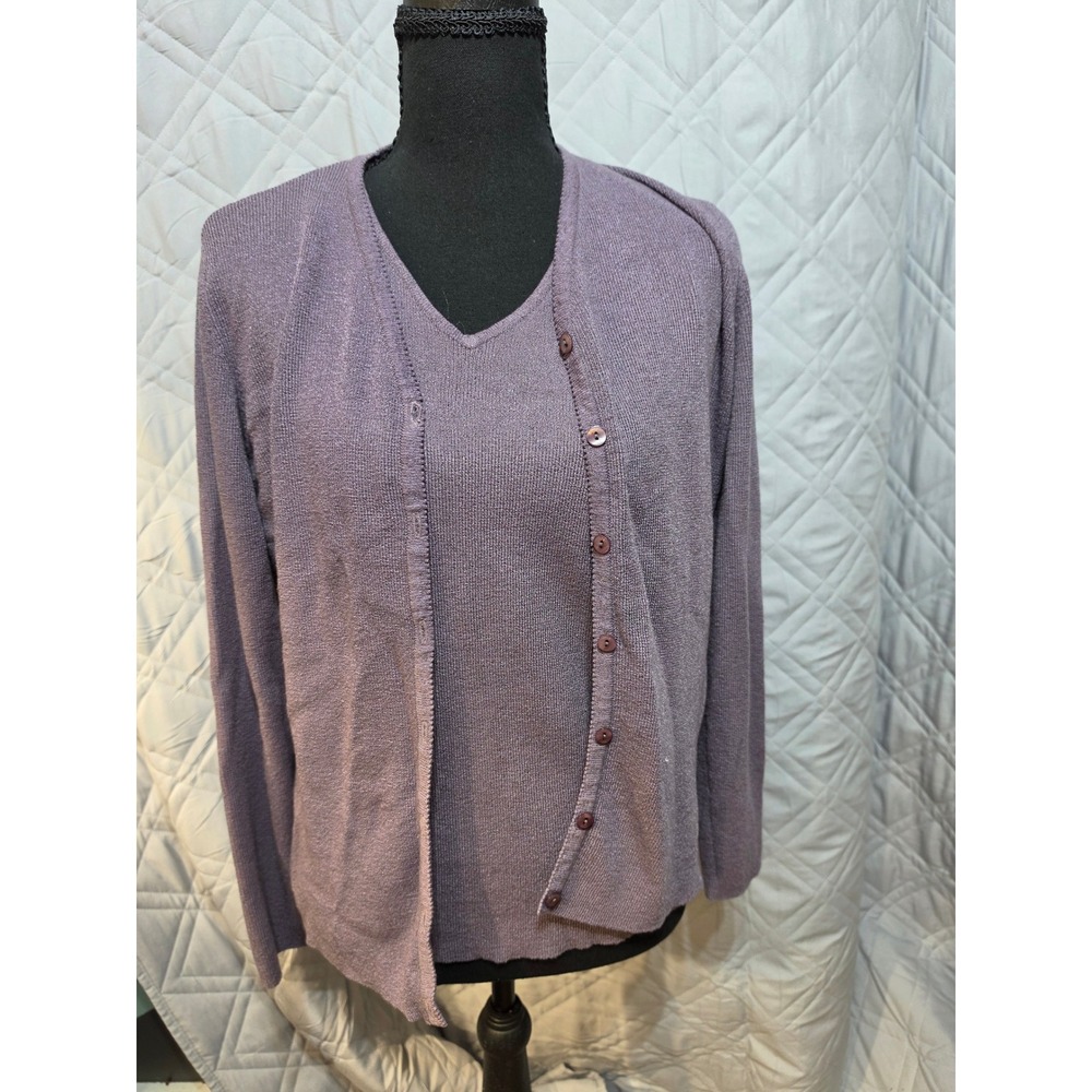 Worthington Womens Purple Metallic Knit 2 Piece Cardigan Shell Sweater Set Large